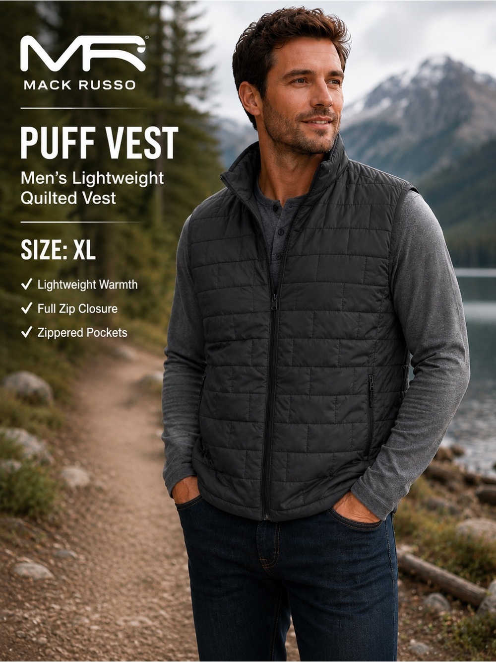 Mack Russo Charcoal Quilted Puff Vest XL NWT Lightweight Full Zip Outdoor